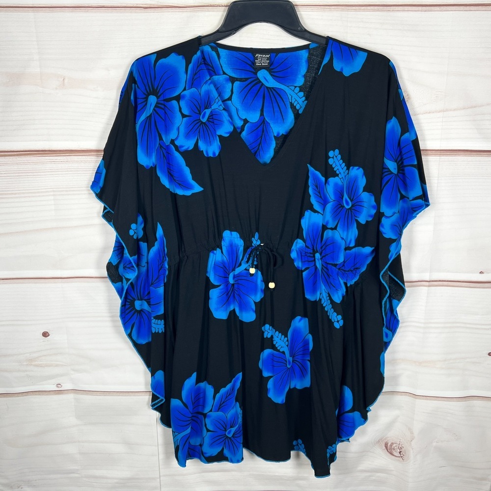Favant Top Womens One Size‎ Black Floral Hibiscus Poncho Blouse Drawstring Woven